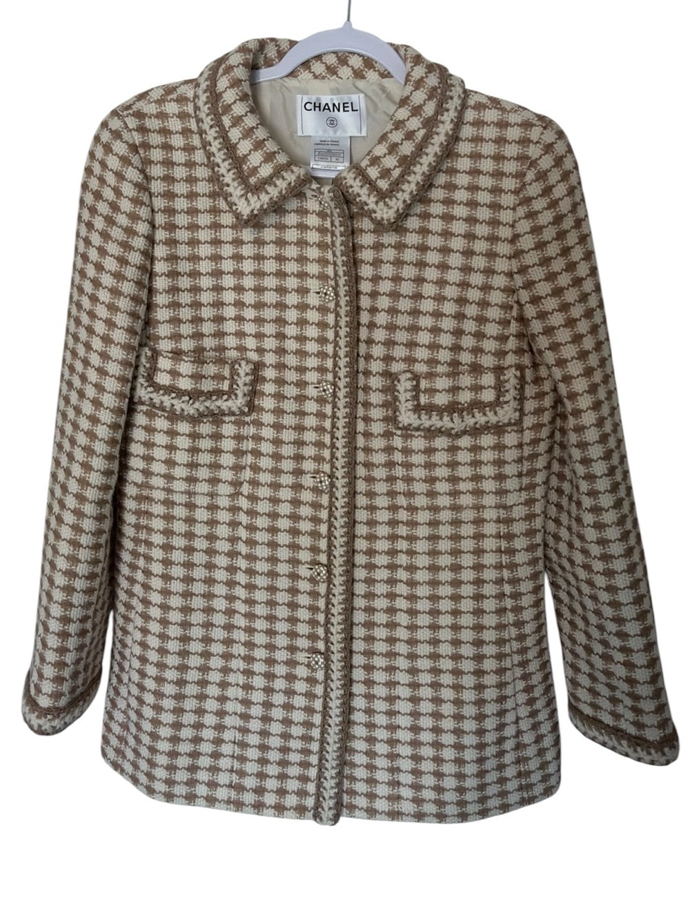 CHANEL Brown & Cream Tweed Wool Jacket Polka Dot CC Buttons Size 42